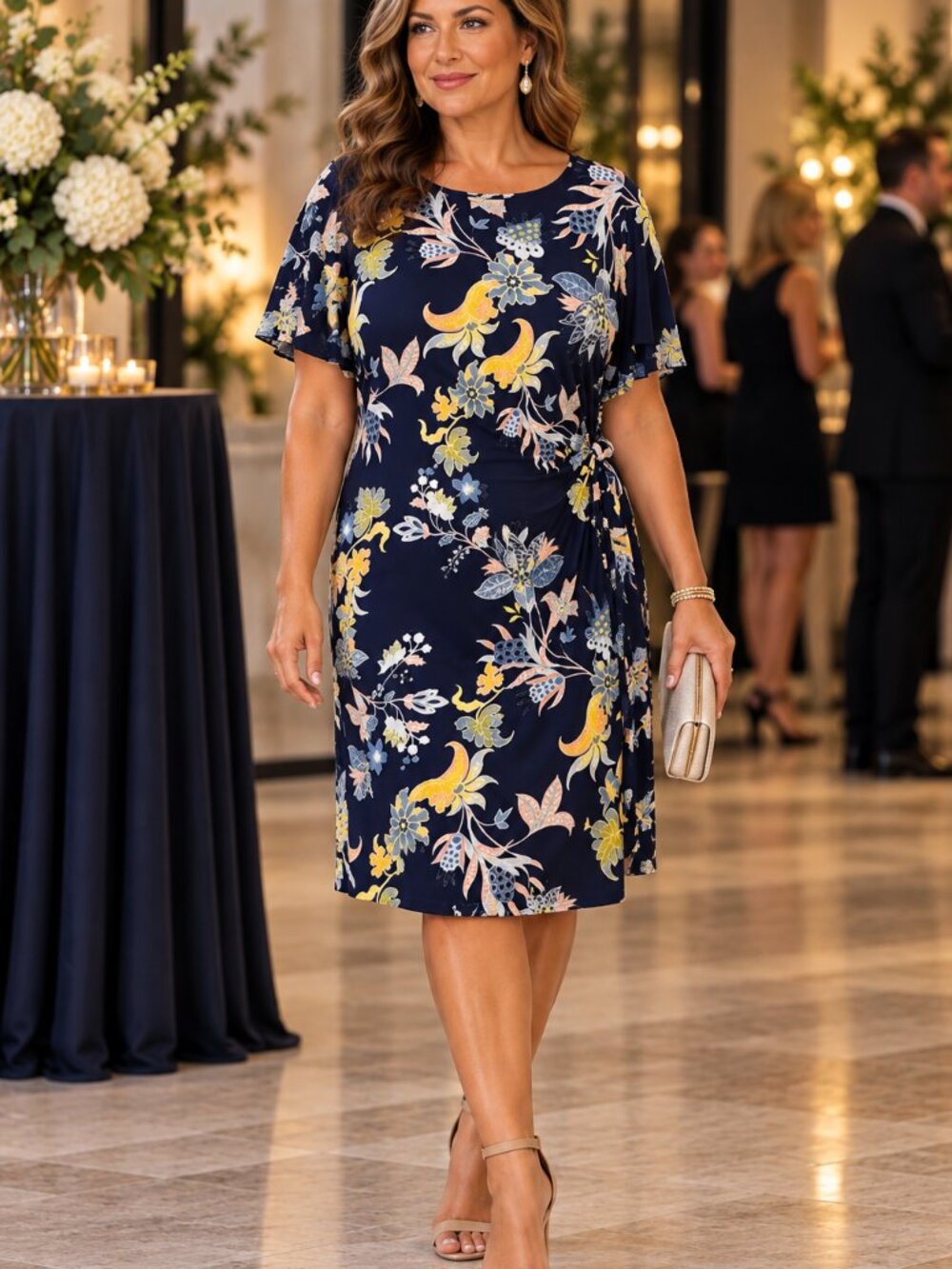 Signature Robbie Bee XL Navy Floral Ruched Side‑Tie Dress Textured Dot Accents